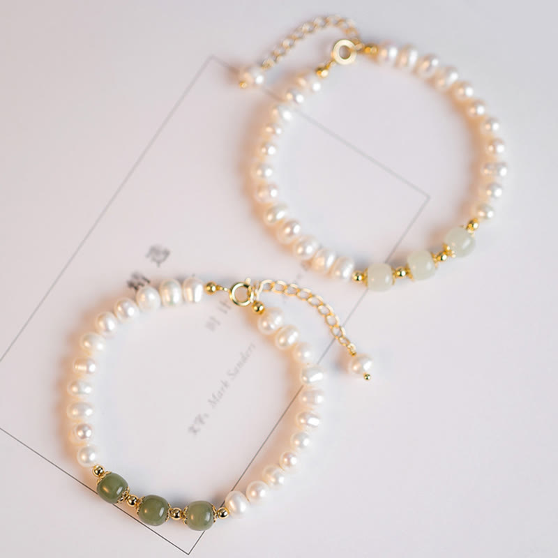 Nimara Ritual 14K Gold Plated Natural Pearl Hetian Cyan Jade White Jade Sincerity Bead Chain Bracelet