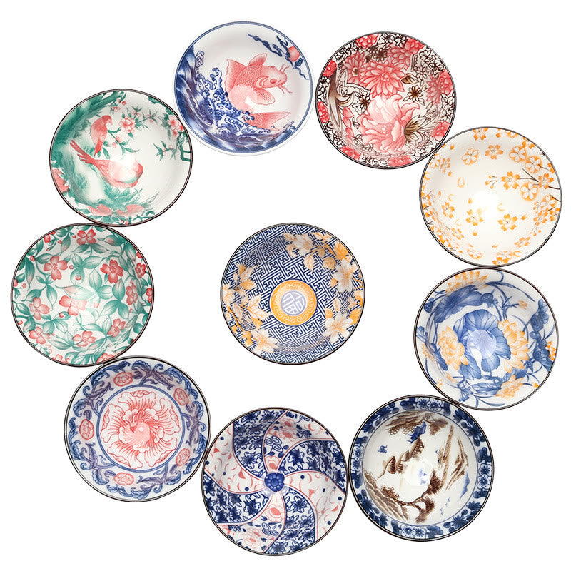 Nimara Ritual Flowers Fu Character Mountains Lotus Cherry Blossoms Ceramic Teacup Kung Fu Tea Cup