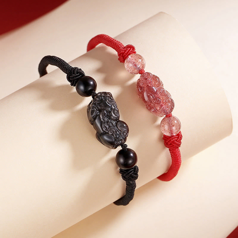 Nimara Ritual Handmade Natural Silver Sheen Obsidian Strawberry Quartz PiXiu Protection Braided Bracelet