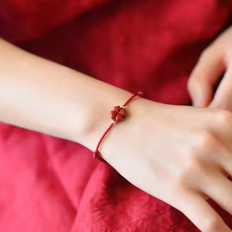 Nimara Ritual Natural Cinnabar Four Leaf Clover Blessing Red String Bracelet Anklet