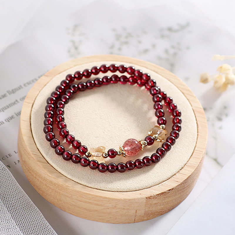 Nimara Ritual 14K Gold Plated Natural Garnet Strawberry Quartz Butterfly Protection Double Wrap Bracelet