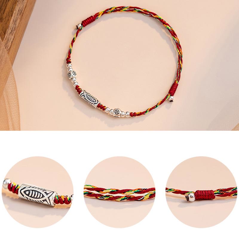 Nimara Ritual 925 Sterling Silver Luck Koi Fish Braided Colorful String Bracelet Anklet
