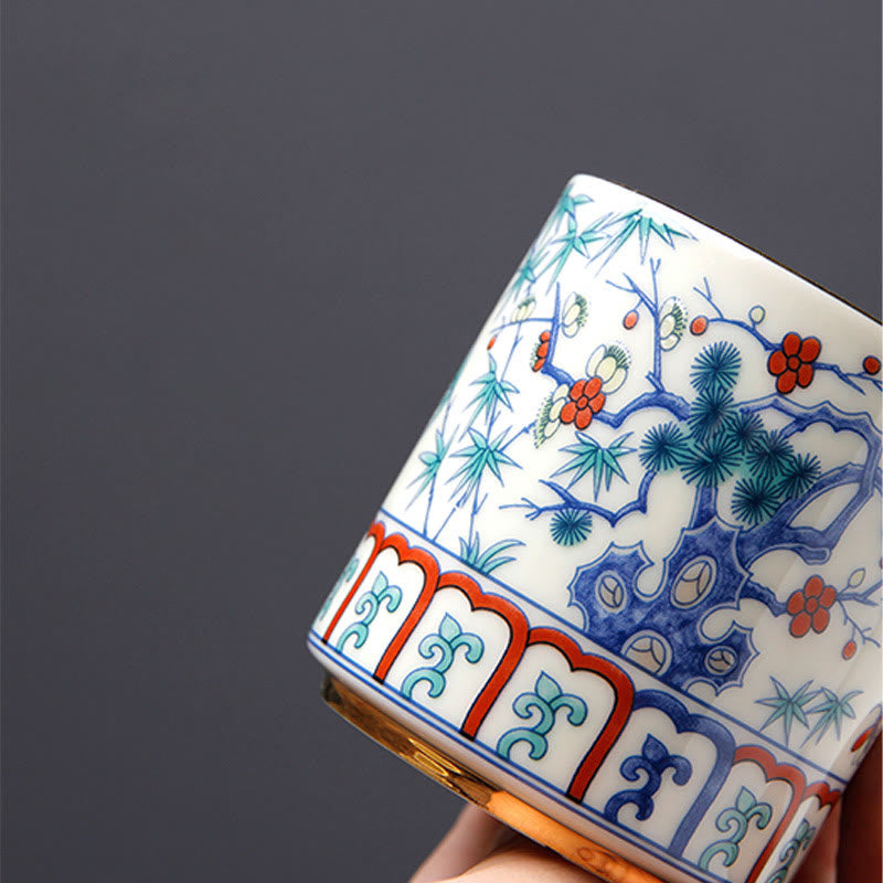 Nimara Ritual Vintage Plum Blossom Pine Bamboo Phoenix Kirin Lion Dancing Ceramic Teacup Tea Cups