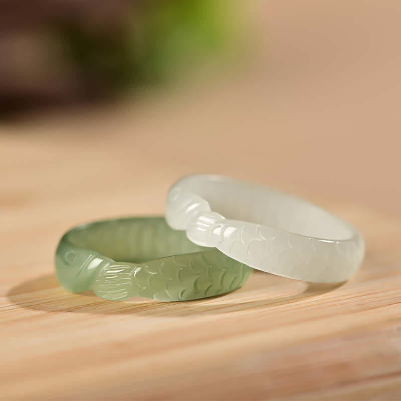 Nimara Ritual Hetian White Jade Cyan Jade Koi Fish Success Luck Ring