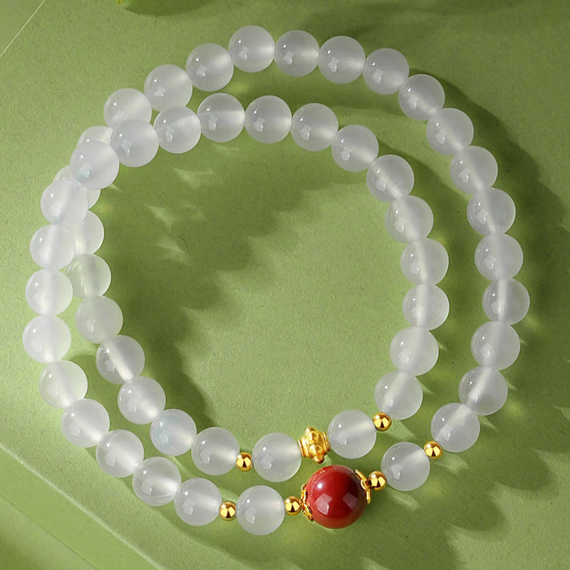 Nimara Ritual 925 Sterling Silver Natural White Agate Cinnabar Double Wrap Protection Bracelet