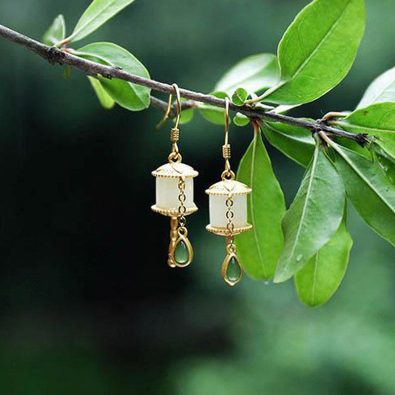 Nimara Ritual 925 Sterling Silver Jade Prayer Wheel Luck Drop Earrings