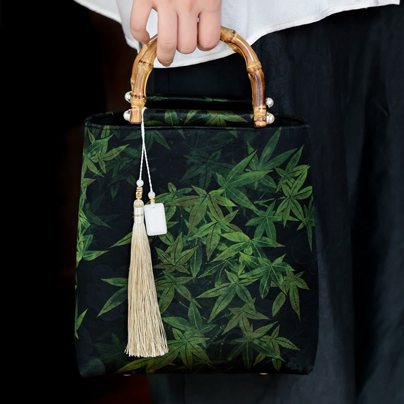 Nimara Ritual Bamboo Leaves Butterfly Koi Fish Bamboo Handles Handbag