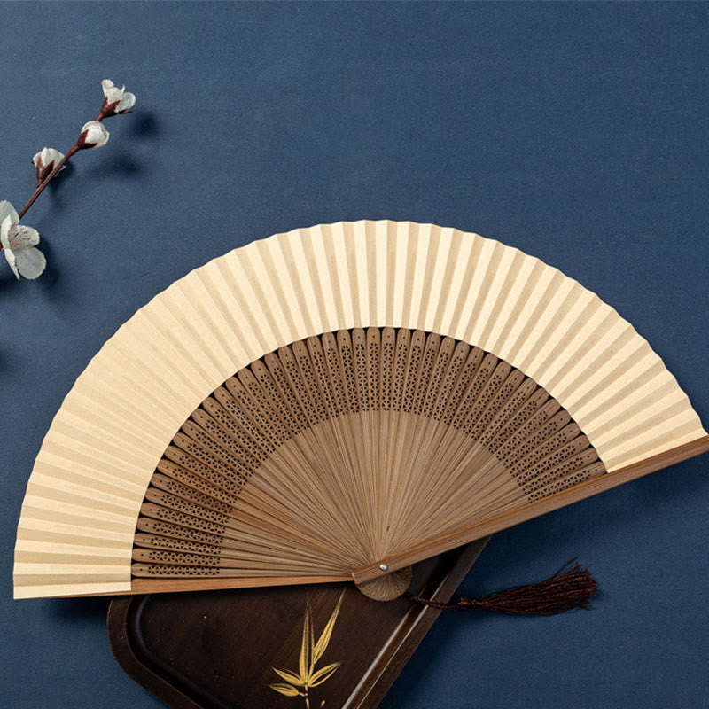 Nimara Ritual Lotus Dragonfly Wild Geese Plum Blossom Handheld Silk Bamboo Folding Fan 22.5cm