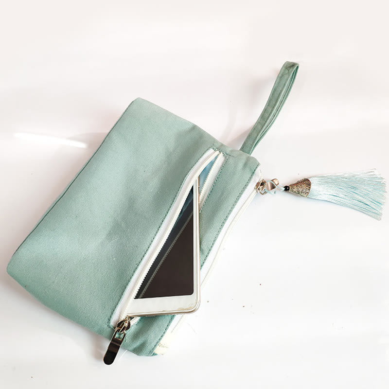 Nimara Ritual Small Flower Plum Cherry Crane Peach Blossom Embroidery Canvas Wallet Shopping Purse