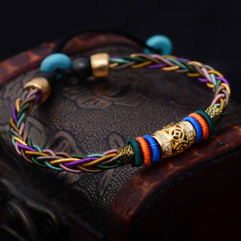 Nimara Ritual Tibetan Handmade Eight Thread Knot Copper Coin Luck Weave String Bracelet