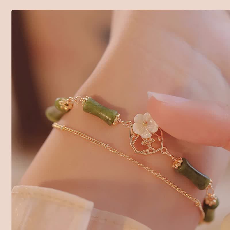 Nimara Ritual 14k Gold Plated Copper Peridot Bamboo Flower Wealth Double Layer Bracelet