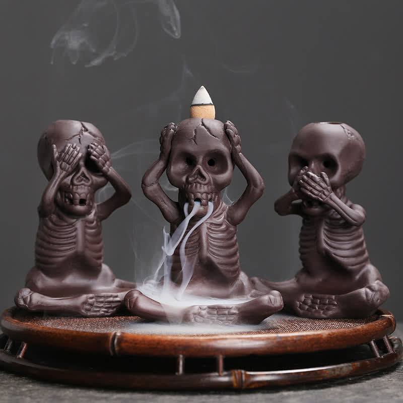 Nimara Ritual Little Skull Ghost Purple Clay Backflow Smoke Fountain Peace Incense Burner Decoration