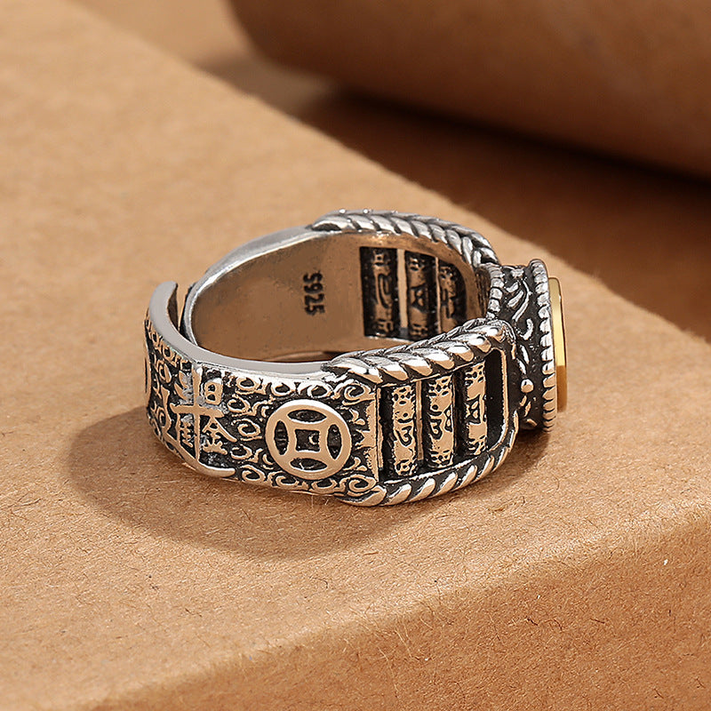 Nimara Ritual Tibetan Om Mani Padme Hum Carved Design Copper Coin Purity Rotatable Ring