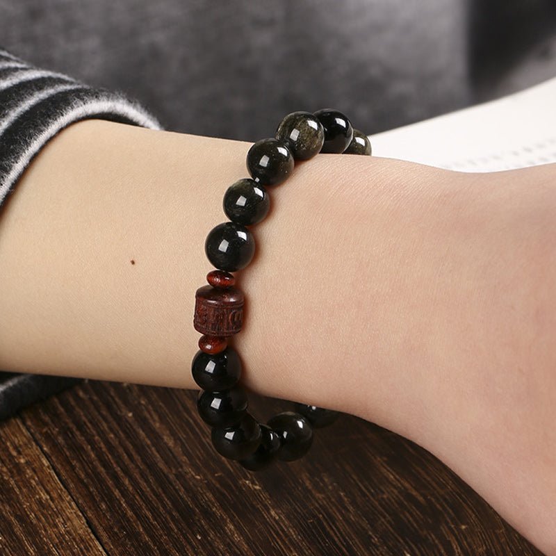 Nimara Ritual Natural Gold Sheen Obsidian Rainbow Obsidian Om Mani Padme Hum Fu Character Healing Bracelet