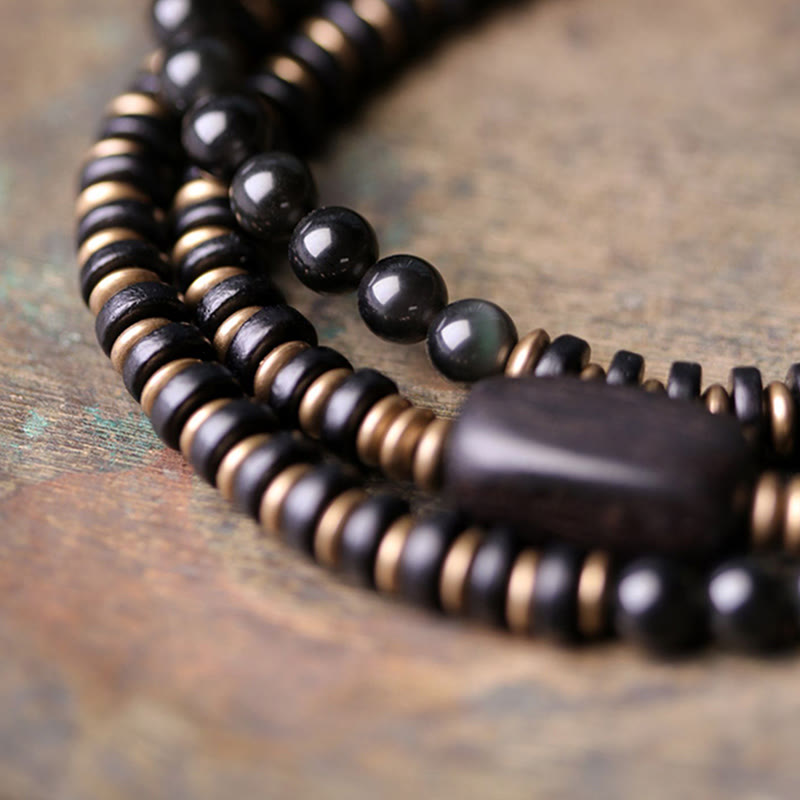 Nimara Ritual Rainbow Obsidian Ebony Wood Copper Healing Triple Wrap Bracelet