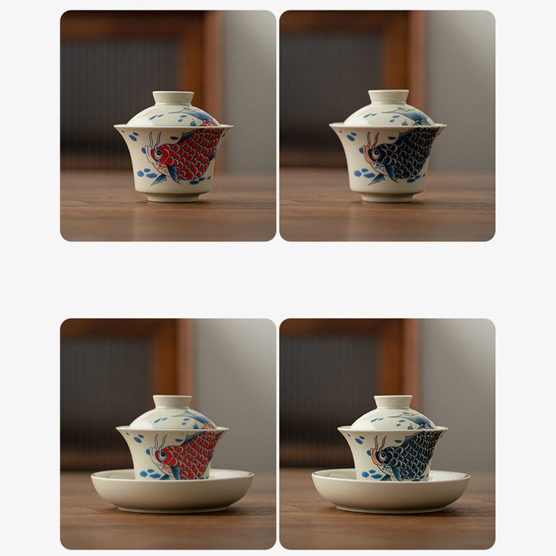 Nimara Ritual Koi Fish Arowana Ceramic Gaiwan Sancai Teacup Kung Fu Tea Cup With Lid 130ml