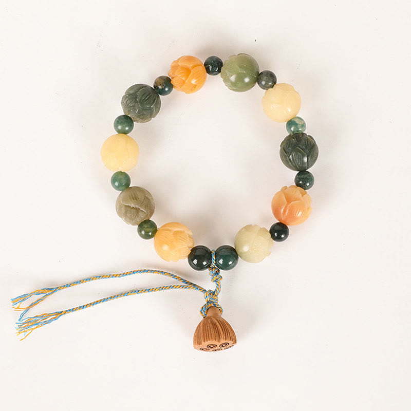 Nimara Ritual Bodhi Seed Lotus Bead Engraved Moss Agate Peace Calm Bracelet