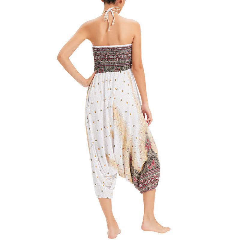 Nimara Ritual Two Style Wear Peacock Feather Loose Smocked Harem Trousers Jumpsuit High Waist Pants