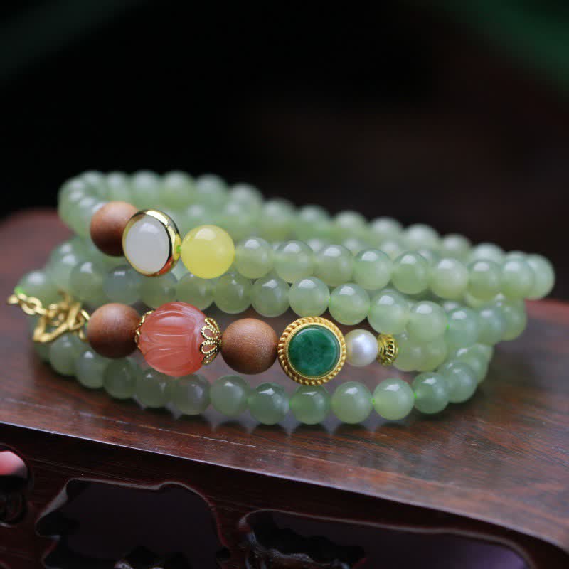 Nimara Ritual Natural Hetian Jade Amber Lotus Red Agate Luck Abundance Bracelet