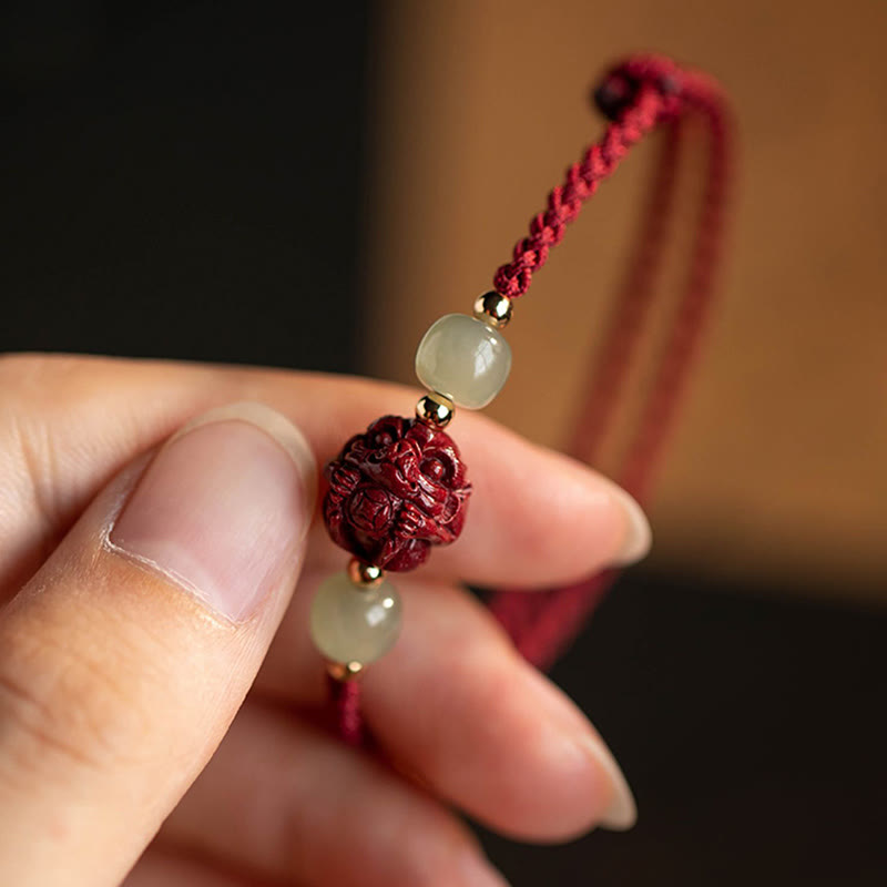 Nimara Ritual Natural Cinnabar Chinese Zodiac Hetian Jade Fu Character Luck Rope Bracelet