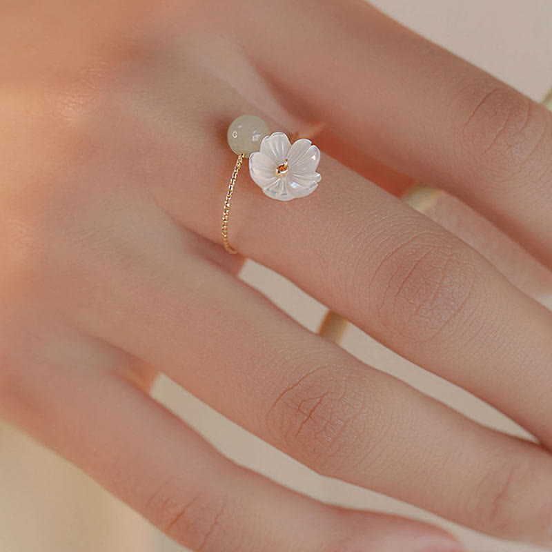 Nimara Ritual 14k Gold Plated Round Hetian Jade Tridacna Stone Peach Blossom Flower Butterfly Prosperity Adjustable Ring