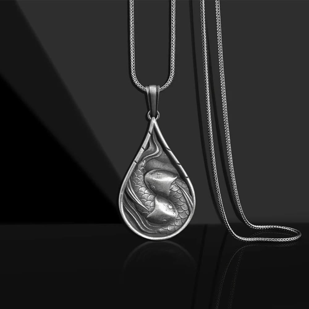 Nimara Ritual Double Lucky Koi Fish Prosperity Pure Tin Water Drop Pattern Necklace Pendant