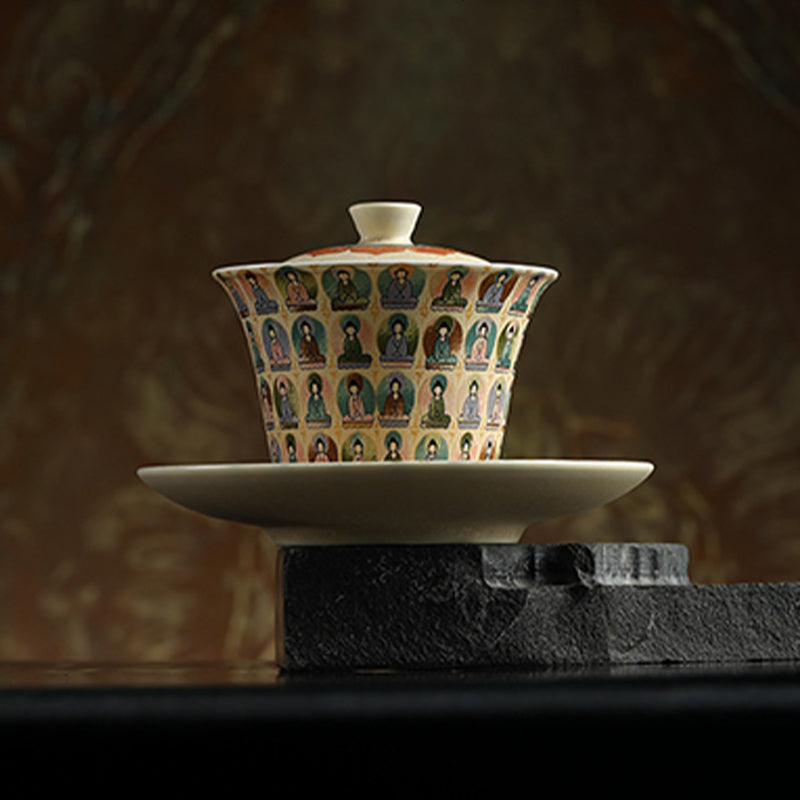 Nimara Ritual Dunhuang Color Thousand Buddhas Flying Apsaras Pattern Gaiwan Teacup Kung Fu Tea Cup With Lid