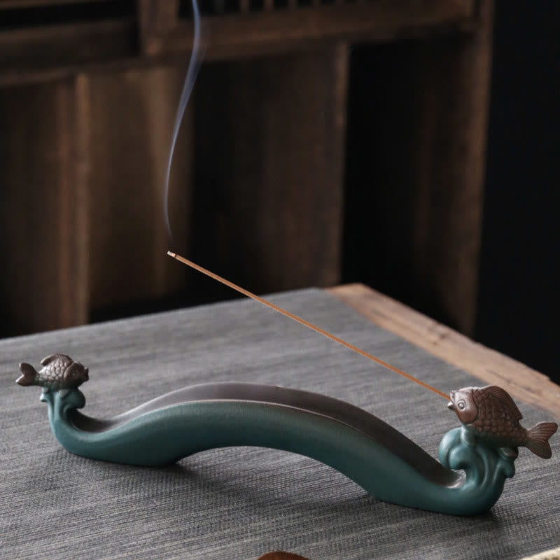 Nimara Ritual Double Koi Fish Mountain Healing Ceramic Stick Incense Burner Decoration