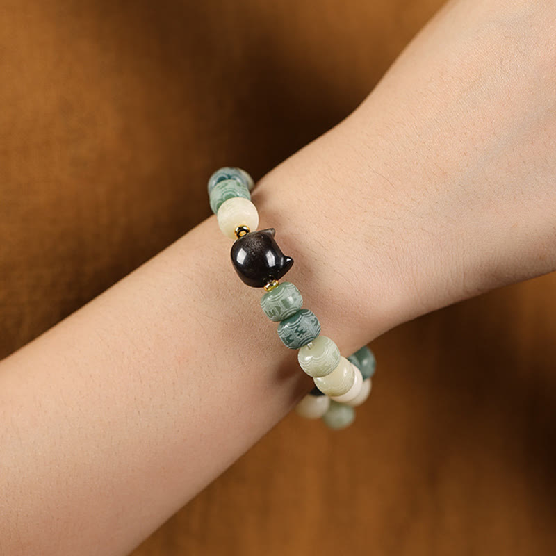 Nimara Ritual Bodhi Seed Silver Sheen Obsidian Cat Head Om Mani Padme Hum Engraved Harmony Bracelet
