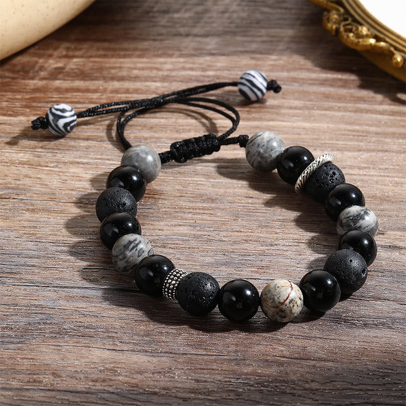 Nimara Ritual Vintage Lava Rock Black Obsidian Picasso Jasper Beads Support Rope Bracelet