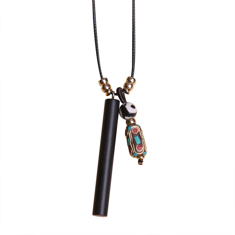 Nimara Ritual Tibetan Ebony Wood Dzi Bead Peace Calm Necklace Pendant