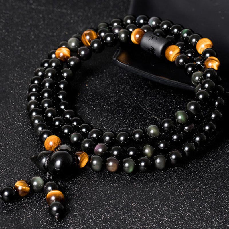 Nimara Ritual Natural Black Obsidian Rainbow Obsidian Gourd Blessing Bracelet Mala
