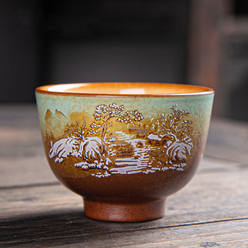 Nimara Ritual Colorful Deer Pipa Snow Plum Blossoms Mountains Rivers Bird Ceramic Teacup Kung Fu Tea Cup Bowl