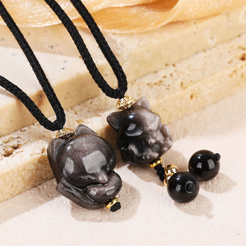 Nimara Ritual Natural Silver Sheen Obsidian Nine Tailed Fox Protection Necklace Pendant