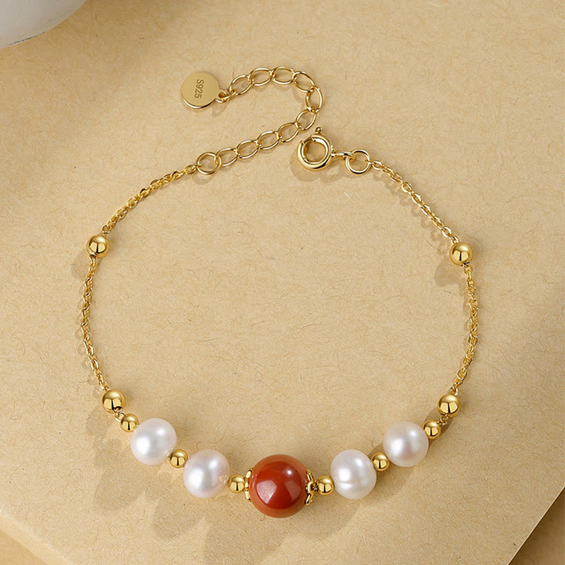 Nimara Ritual 925 Sterling Silver Pearl Cinnabar Healing Bead Chain Bracelet