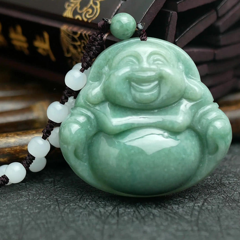 Nimara Ritual Laughing Buddha Cyan Jade Harmony Necklace String Bead Pendant