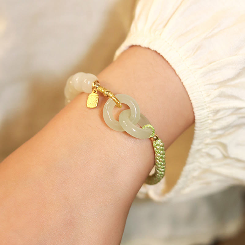 Nimara Ritual Natural Hetian Jade Bead Double Peace Buckle Fu Character Abundance Braided Bracelet