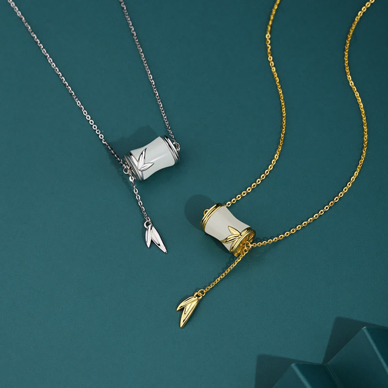 Nimara Ritual 925 Sterling Silver 22K Gold Hetian White Jade Bamboo Leaf Luck Necklace Pendant Bracelet