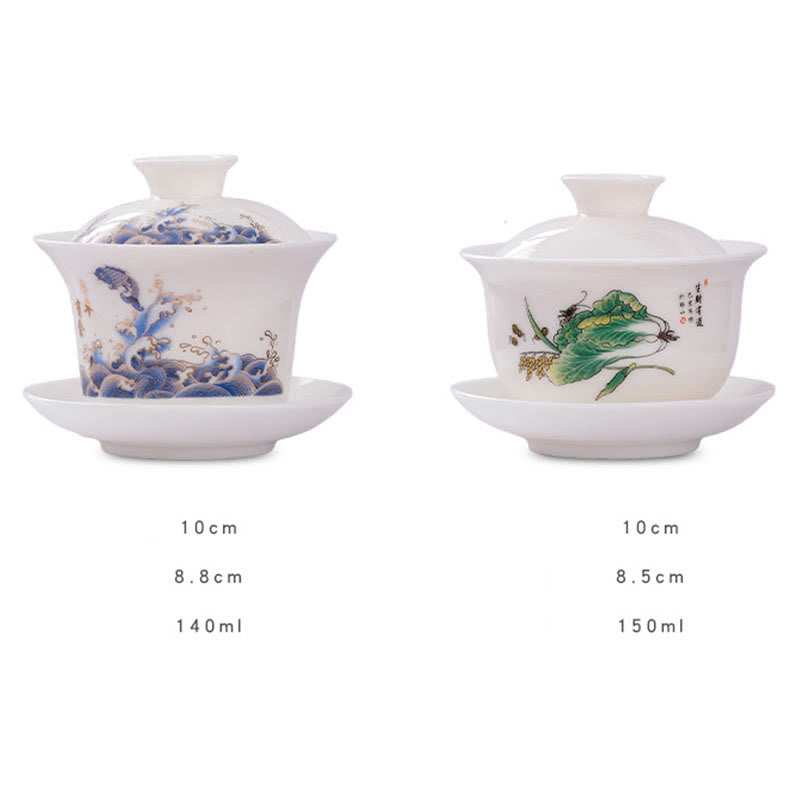 Nimara Ritual White Porcelain Mountain Landscape Countryside Ceramic Gaiwan Teacup Kung Fu Tea Cup And Saucer With Lid