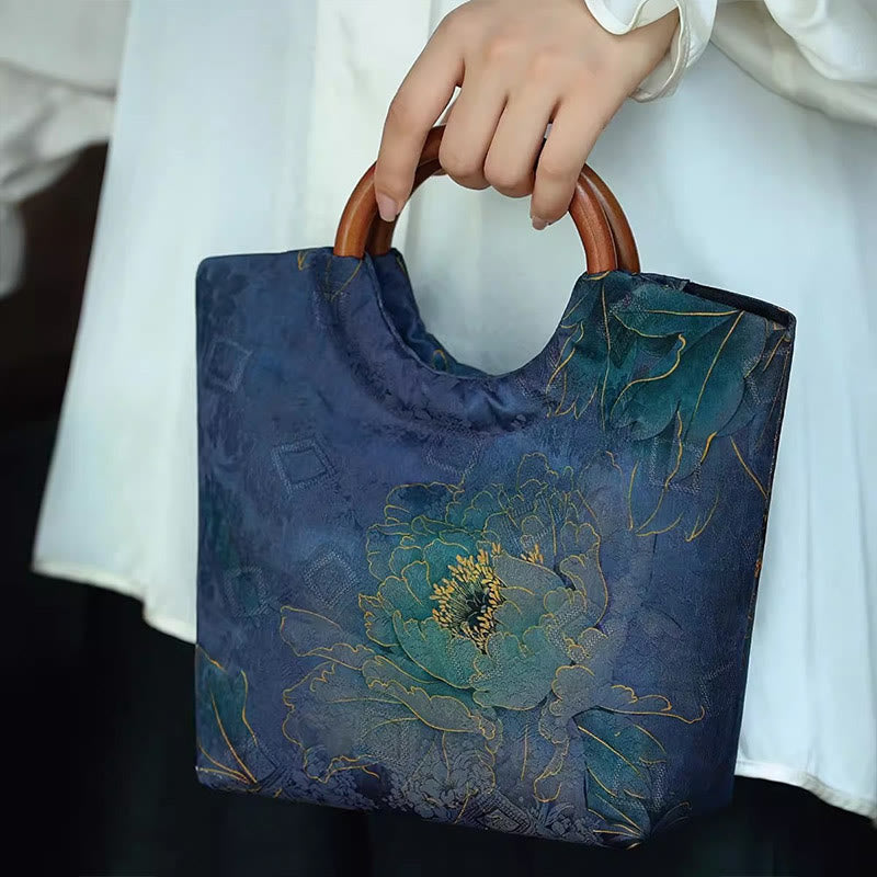 Nimara Ritual Peony Flower Bamboo Leaves Bird Solid Wood Handle Handbag