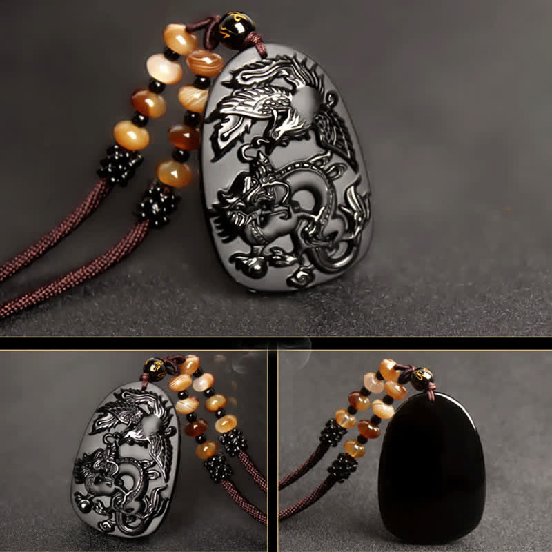 Nimara Ritual Black Obsidian Tiger Eye Dragon Phoenix Protection Beaded Necklace Pendant