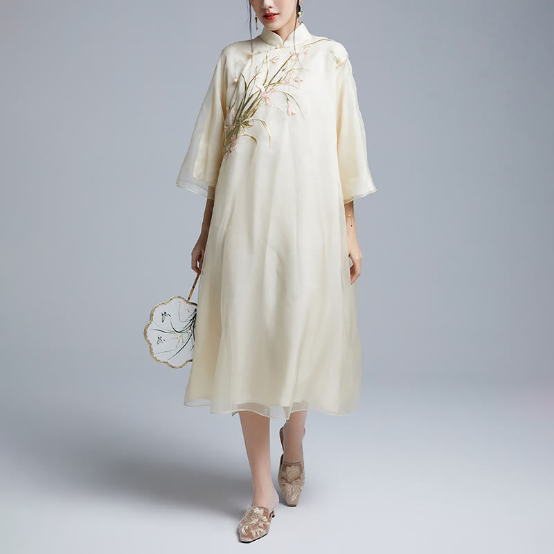 Nimara Ritual 100% Mulberry Silk 6 Momme Dress Vintage Flower Butterfly Embroidery Qipao Dress Women's Cheongsam Dress