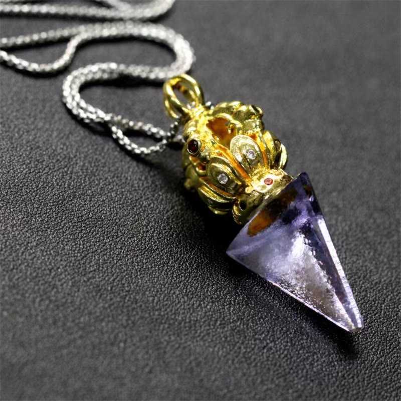 Nimara Ritual Tibetan Dorje Vajra 4 Prong Lotus Liuli Crystal Strength Necklace Pendant
