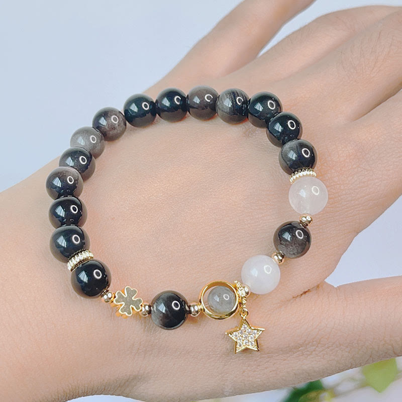 Nimara Ritual Natural Silver Sheen Obsidian Love Heart Star Flower Protection Bracelet