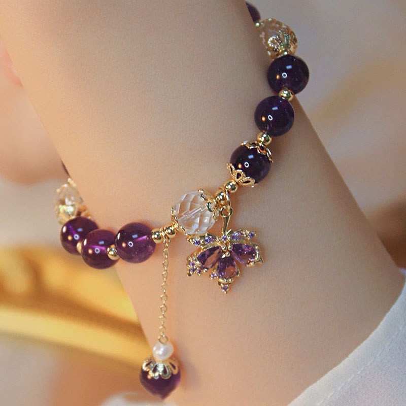 Nimara Ritual 14k Gold Plated Natural Amethyst Healing Maple Leaf Charm Bracelet