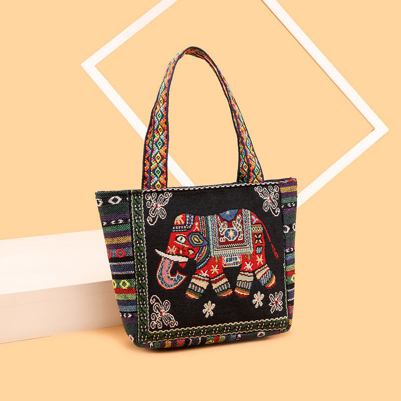 Nimara Ritual Elephant Butterfly Embroidered Large Capacity Canvas Tote Bag Shoulder Bag
