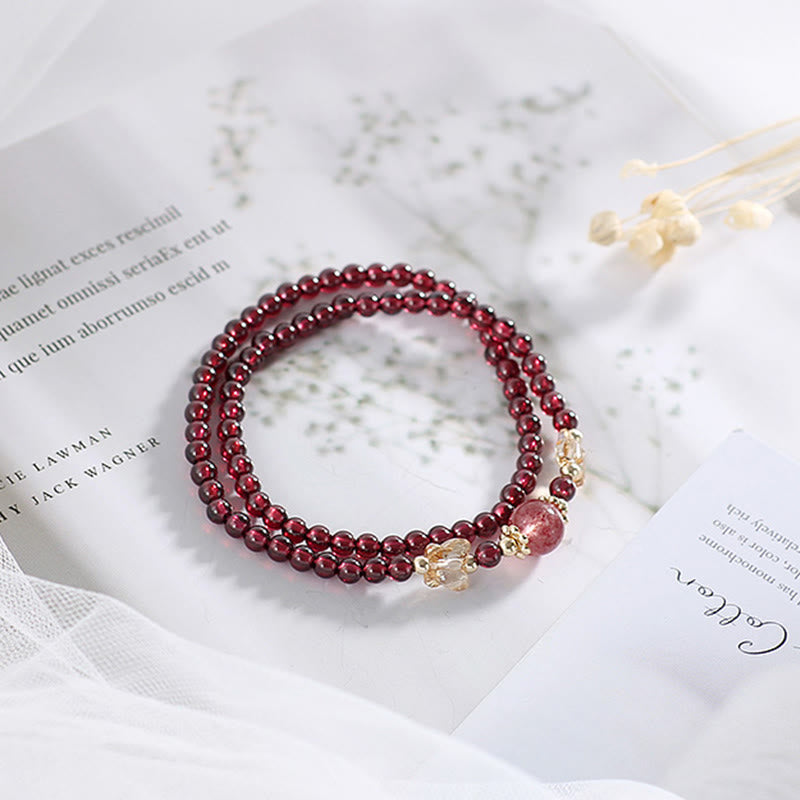 Nimara Ritual 14K Gold Plated Natural Garnet Strawberry Quartz Butterfly Protection Double Wrap Bracelet