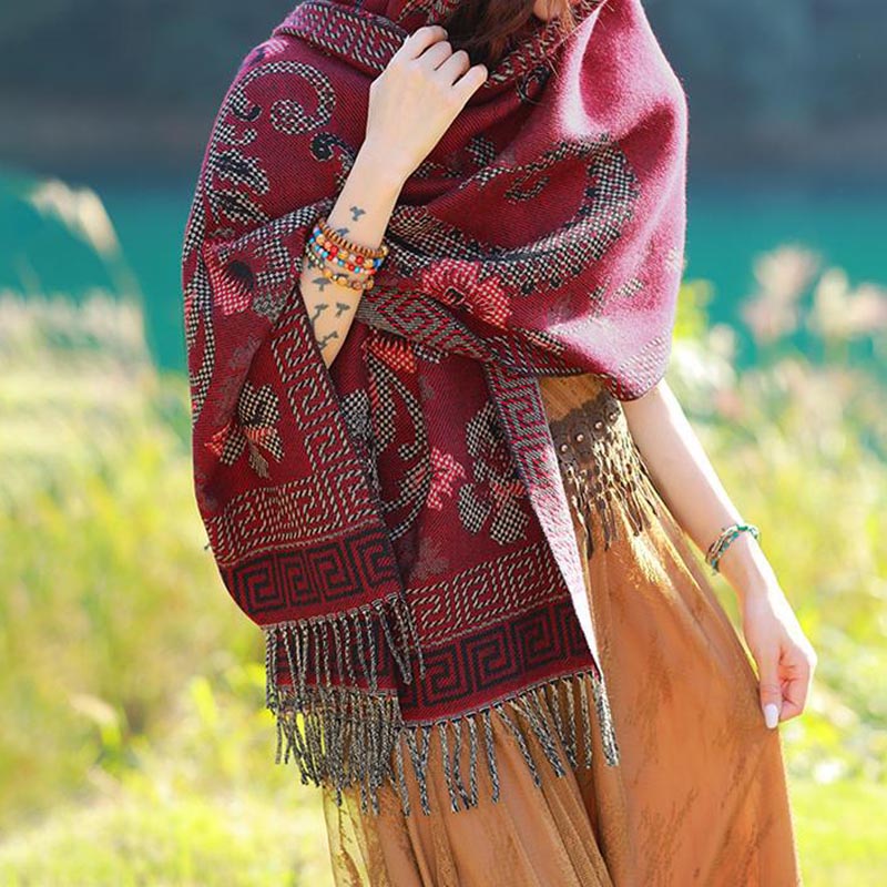 Nimara Ritual Tibetan Flowers Leaves Pattern Design Shawl Cozy Travel Scarf Wrap
