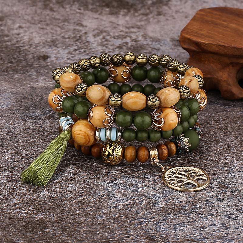 Nimara Ritual Wenge Wood Layered Tree Tassel Healing Bracelet