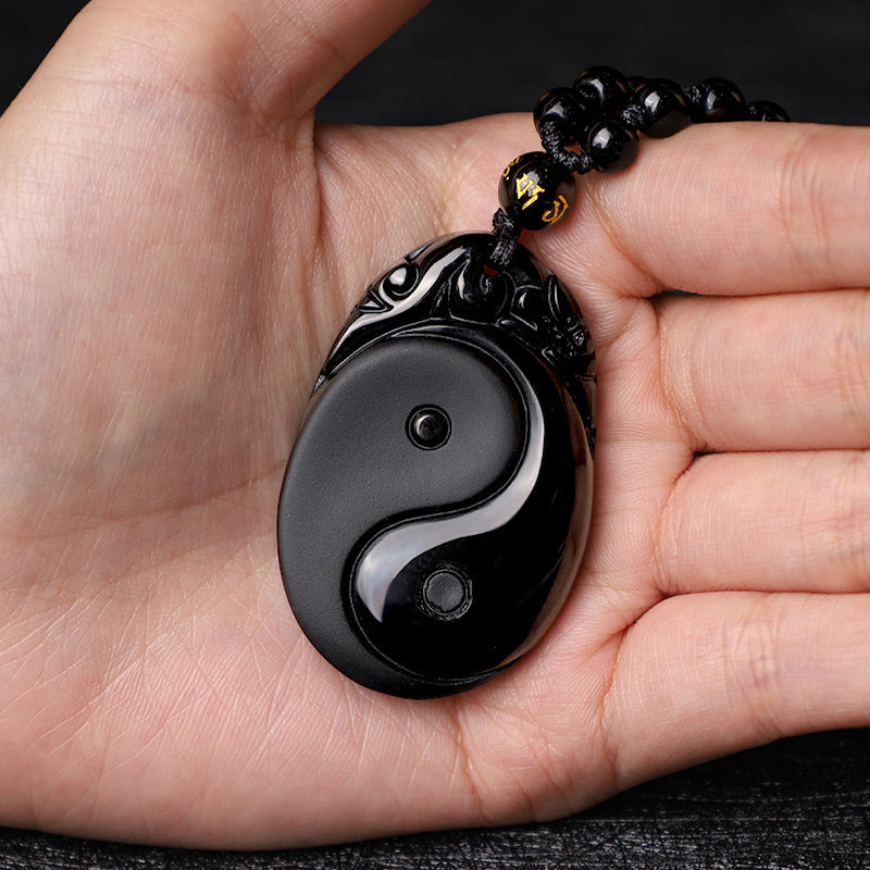 Nimara Ritual Natural Black Obsidian Yin Yang Fulfilment Strength Necklace Pendant
